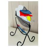 SR/FR - Fused Glass Art Panel with Sailboat and Mountain Scene on Metal Stand