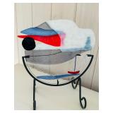 SR/FR - Fused Glass Art Panel with Sailboat and Mountain Scene on Metal Stand