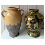 SR - Pair of 14-Inch Handled Pottery Vase and Hand-Painted Farmhouse Scene Vase