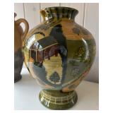 SR - Pair of 14-Inch Handled Pottery Vase and Hand-Painted Farmhouse Scene Vase