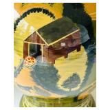 SR - Pair of 14-Inch Handled Pottery Vase and Hand-Painted Farmhouse Scene Vase