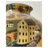 SR - Pair of 14-Inch Handled Pottery Vase and Hand-Painted Farmhouse Scene Vase
