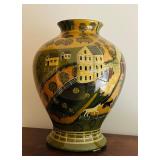SR - Pair of 14-Inch Handled Pottery Vase and Hand-Painted Farmhouse Scene Vase