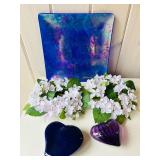 SR - Decorative Set: Murano Heart Dish E. Peretti for Tiffany, Glass Heart Ornament, Faux Hydrangea