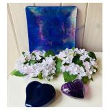 SR - Decorative Set: Murano Heart Dish E. Peretti for Tiffany, Glass Heart Ornament, Faux Hydrangea
