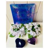 SR - Decorative Set: Murano Heart Dish E. Peretti for Tiffany, Glass Heart Ornament, Faux Hydrangea