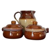 K - Set of 3 Vintage Brown Glazed Stoneware: 7" Pitcher and 2 Covered Soup Crocks