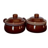 K - Set of 3 Vintage Brown Glazed Stoneware: 7" Pitcher and 2 Covered Soup Crocks