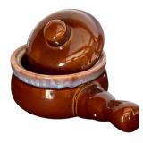 K - Set of 3 Vintage Brown Glazed Stoneware: 7" Pitcher and 2 Covered Soup Crocks