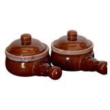 K - Set of 3 Vintage Brown Glazed Stoneware: 7" Pitcher and 2 Covered Soup Crocks