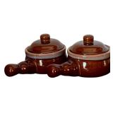 K - Set of 3 Vintage Brown Glazed Stoneware: 7" Pitcher and 2 Covered Soup Crocks