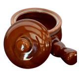 K - Set of 3 Vintage Brown Glazed Stoneware: 7" Pitcher and 2 Covered Soup Crocks