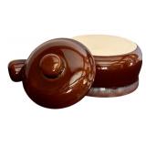 K - Set of 3 Vintage Brown Glazed Stoneware: 7" Pitcher and 2 Covered Soup Crocks