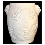 FR - White Ceramic Vase with Grapes and Face Motif, 9.5 Inches Tall