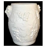 FR - White Ceramic Vase with Grapes and Face Motif, 9.5 Inches Tall