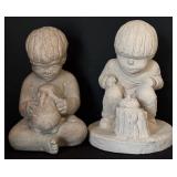 LR - Pair of Vintage Child Figurines Austin Sculpture and Boy by Tree Stump 9.5-10 in