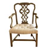 LR - Vintage Wooden Arm Chair with Ornate Backrest and Upholstered Seat