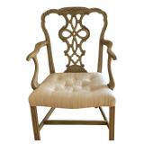 LR - Vintage Wooden Arm Chair with Ornate Backrest and Upholstered Seat