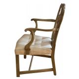 LR - Vintage Wooden Arm Chair with Ornate Backrest and Upholstered Seat