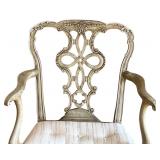 LR - Vintage Wooden Arm Chair with Ornate Backrest and Upholstered Seat