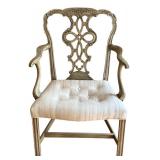 LR - Vintage Wooden Arm Chair with Ornate Backrest and Upholstered Seat