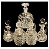 K - Set of 5 Decorative Cut Glass Decanters and Cruets