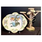 K - Italian Jay W. Co. Handpainted Dish and Wooden 3-Candle Holder Set