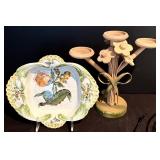 K - Italian Jay W. Co. Handpainted Dish and Wooden 3-Candle Holder Set