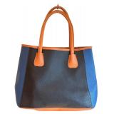 K - Neiman Marcus Color Block Tote Bag with Brown, Blue, and Black Panels