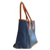 K - Neiman Marcus Color Block Tote Bag with Brown, Blue, and Black Panels