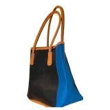 K - Neiman Marcus Color Block Tote Bag with Brown, Blue, and Black Panels