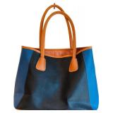 K - Neiman Marcus Color Block Tote Bag with Brown, Blue, and Black Panels