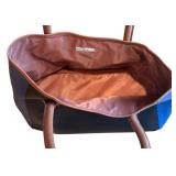 K - Neiman Marcus Color Block Tote Bag with Brown, Blue, and Black Panels