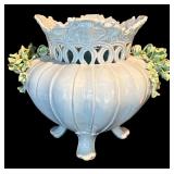 K - Vintage Italian Ceramic Footed Centerpiece Bowl with Applied Floral Accents