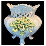 K - Vintage Italian Ceramic Footed Centerpiece Bowl with Applied Floral Accents