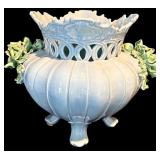 K - Vintage Italian Ceramic Footed Centerpiece Bowl with Applied Floral Accents