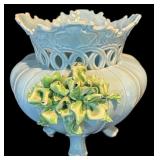 K - Vintage Italian Ceramic Footed Centerpiece Bowl with Applied Floral Accents
