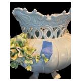 K - Vintage Italian Ceramic Footed Centerpiece Bowl with Applied Floral Accents