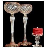 LR - Set of 2 Tall Swirl Glass Candle Holders and 1 Mini Glass Holder with Red Candle