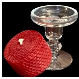 LR - Set of 2 Tall Swirl Glass Candle Holders and 1 Mini Glass Holder with Red Candle