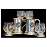 FR - Set of 2 1972 Century Club Pewter Mugs and 4 Etched Glasses with Pewter Base
