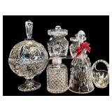 FR - Set of 5 Cut Crystal Decorative Pieces Including Footed Jar, Jars, Bell, and Basket
