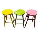 LL - Set of 3 Painted Wood Stools, 23 Inches High - Yellow, Green, Pink