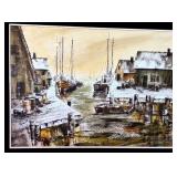 LL - Lou Roman Framed Original Harbor Scene Watercolor Painting