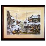LL - Lou Roman Framed Original Harbor Scene Watercolor Painting