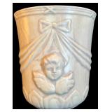 LL - Vintage Ivory Ceramic Vase with Cherub Relief 8 Inch