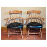LL - Pair of S. Bent & Bros Colonial Windsor Arm Chairs with Black Cushions