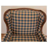 UL - Vintage Plaid Upholstered Armchair with Curved Wooden Frame