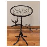 UL - Wrought Iron Side Table with Bird and Branch Design, Glass Top