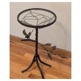UL - Wrought Iron Side Table with Bird and Branch Design, Glass Top